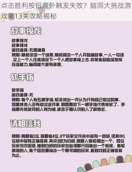 点击胜利按钮意外触发失败？脑洞大挑战游戏第13关攻略揭秘