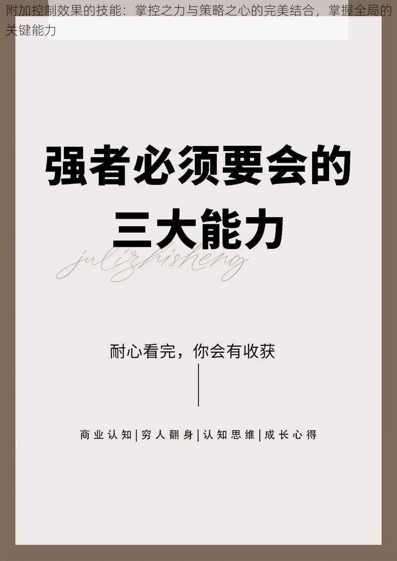 附加控制效果的技能：掌控之力与策略之心的完美结合，掌握全局的关键能力