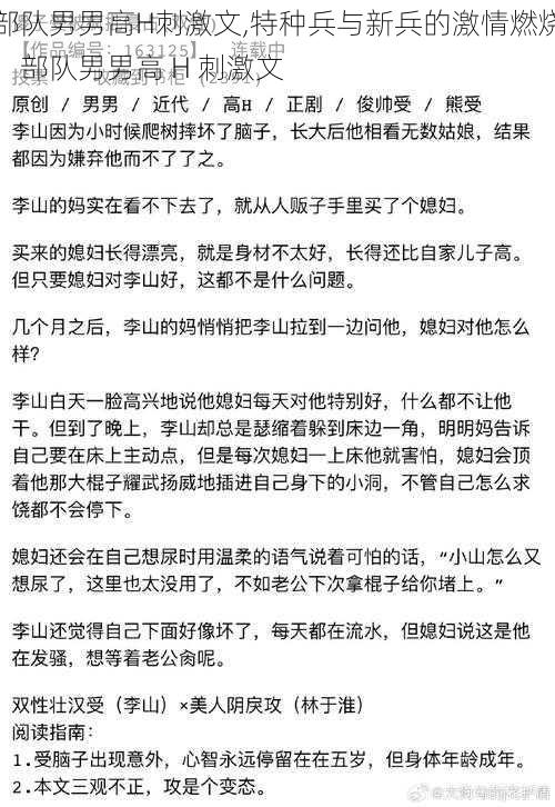 部队男男高H刺激文,特种兵与新兵的激情燃烧：部队男男高 H 刺激文