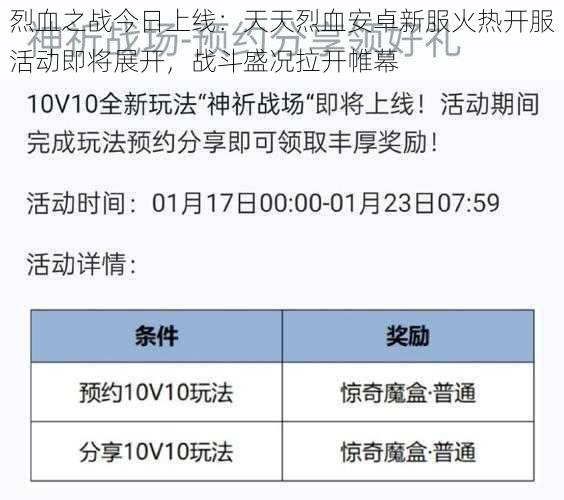 烈血之战今日上线：天天烈血安卓新服火热开服活动即将展开，战斗盛况拉开帷幕