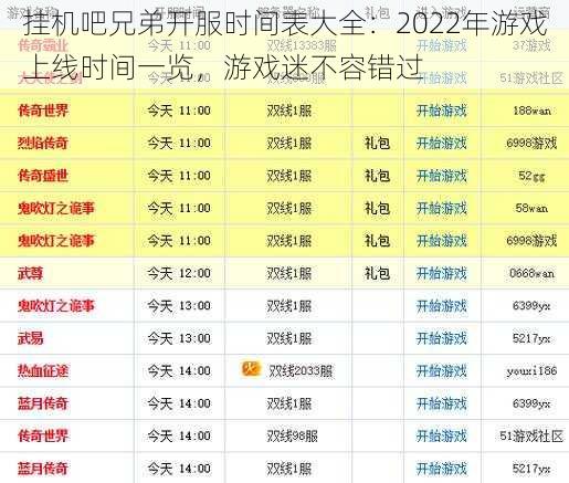 挂机吧兄弟开服时间表大全：2022年游戏上线时间一览，游戏迷不容错过