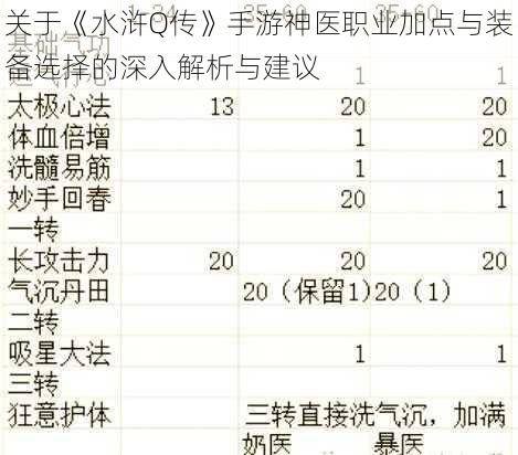 关于《水浒Q传》手游神医职业加点与装备选择的深入解析与建议